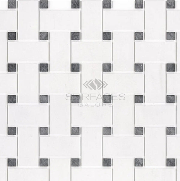 Bianco Dolomite (White Dolomite) Basketweave w/ Blue - Gray Mosaic Marble Polished - Honed - SurfacesGalorePolished