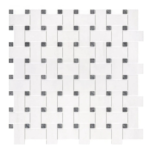 Bianco Dolomite (White Dolomite) Basketweave w/ Blue-Gray Mosaic Marble Polished-Honed