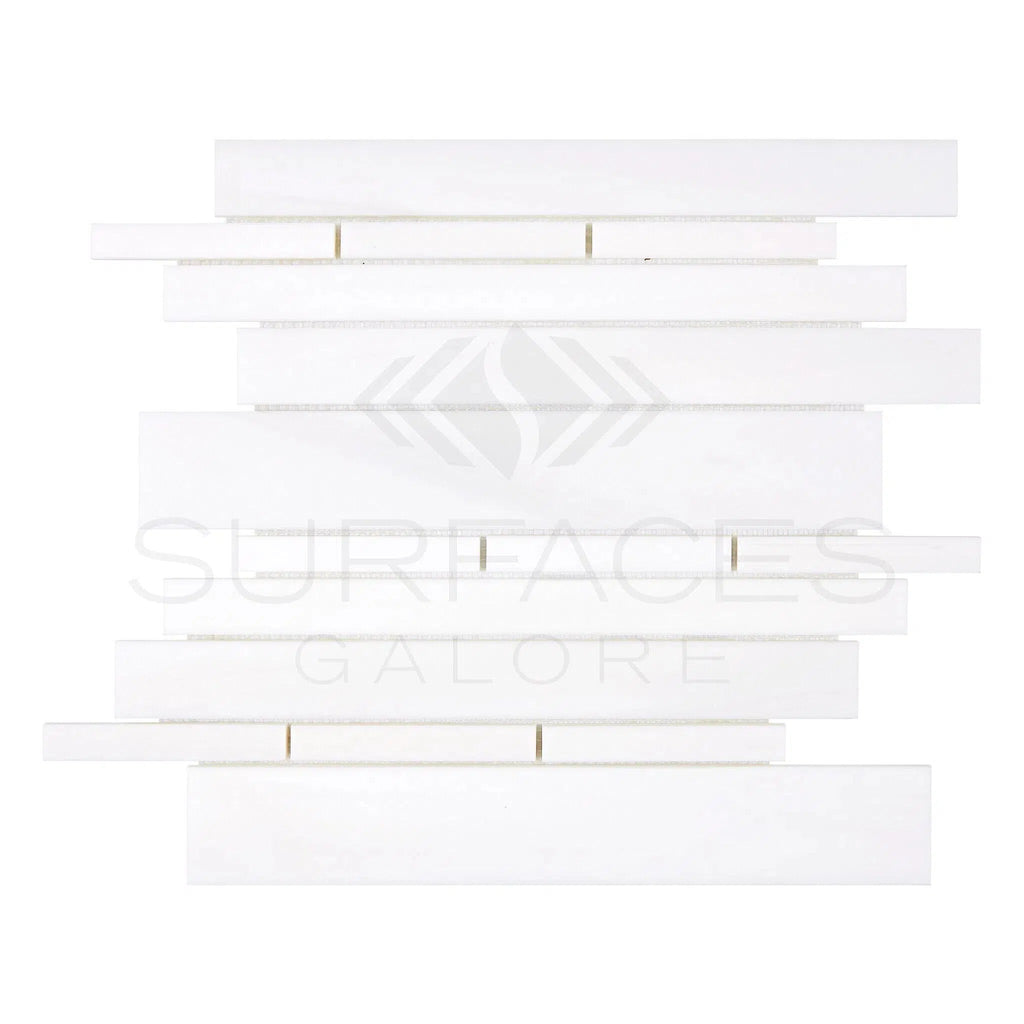 Bianco Dolomite (White Dolomite) Manhattan (Random - Strip) Mosaic Marble Tumbled - SurfacesGalore