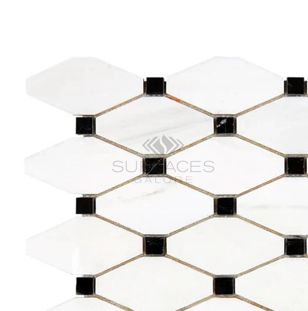 Bianco Dolomite (White Dolomite) Octave (Long Octagon)w/Black Mosaic Marble Polished - Honed - SurfacesGalorePolished