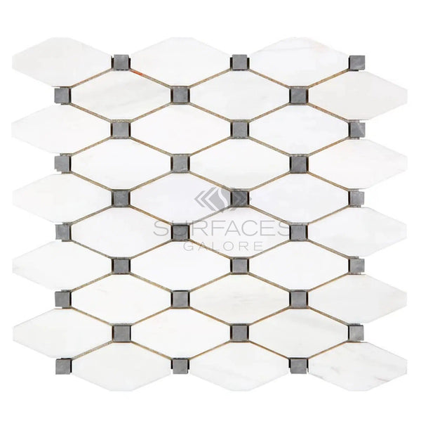 Bianco Dolomite (White Dolomite) Octave (Long Octagon)w/Blue-Gray Mosaic Marble Polished-Honed