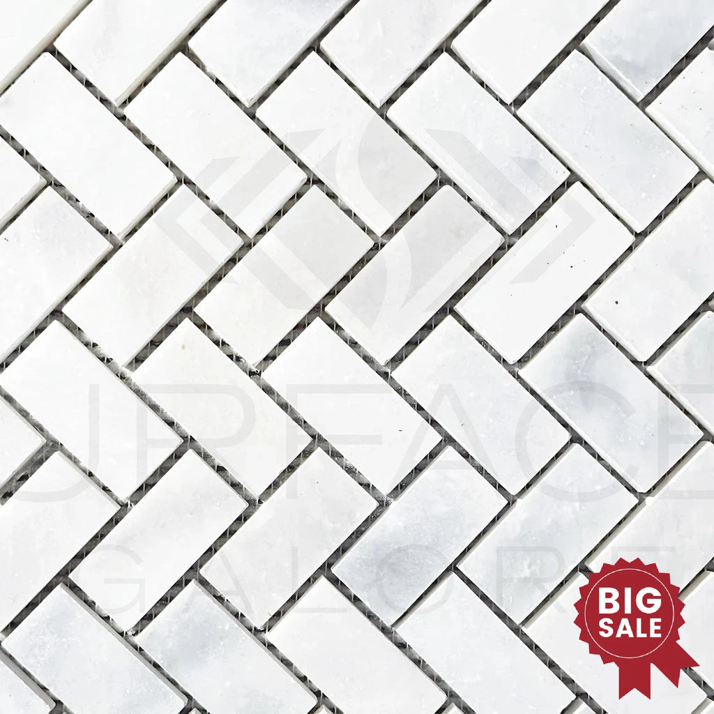 Bianco Venatino (Bianco Mare) White Marble Herringbone Honed Mosaic Tile 110 Sq.Ft. - Discounted, Marble/Travertine Clearance Sale - SurfacesGalore