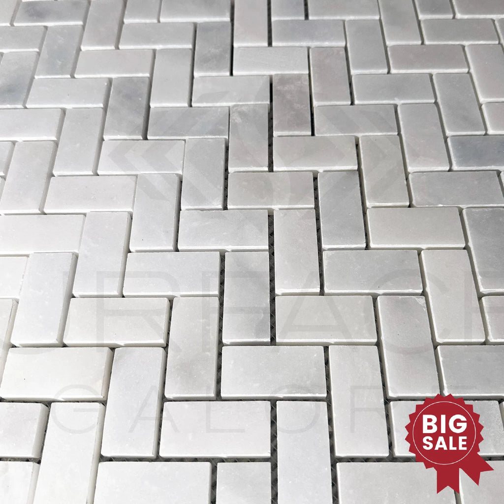 Bianco Venatino (Bianco Mare) White Marble Herringbone Honed Mosaic Tile 110 Sq.Ft. - Discounted, Marble/Travertine Clearance Sale - SurfacesGalore