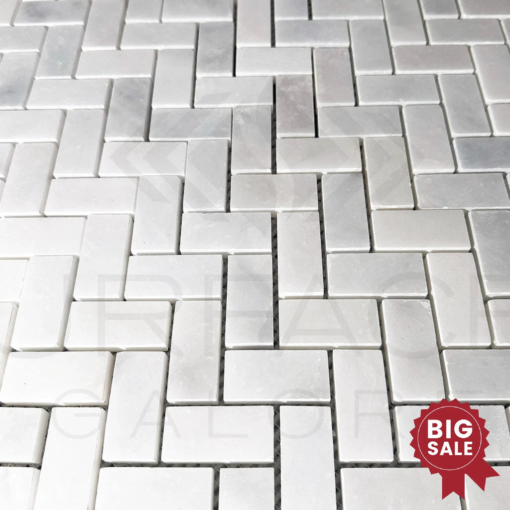 Bianco Venatino (Bianco Mare) White Marble Herringbone Honed Mosaic Tile 110 Sq.Ft. - Discounted, Marble/Travertine Clearance Sale - SurfacesGalore