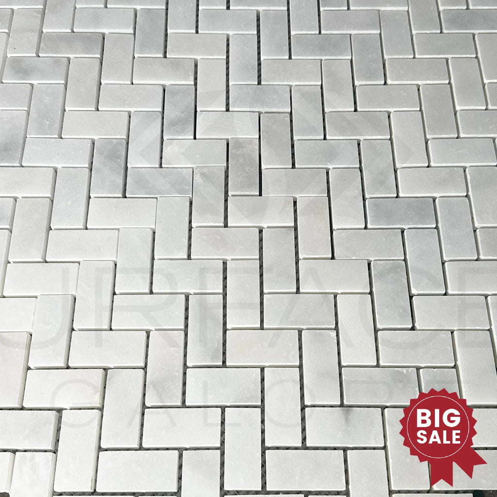 Bianco Venatino (Bianco Mare) White Marble Herringbone Honed Mosaic Tile 110 Sq.Ft. - Discounted, Marble/Travertine Clearance Sale - SurfacesGalore