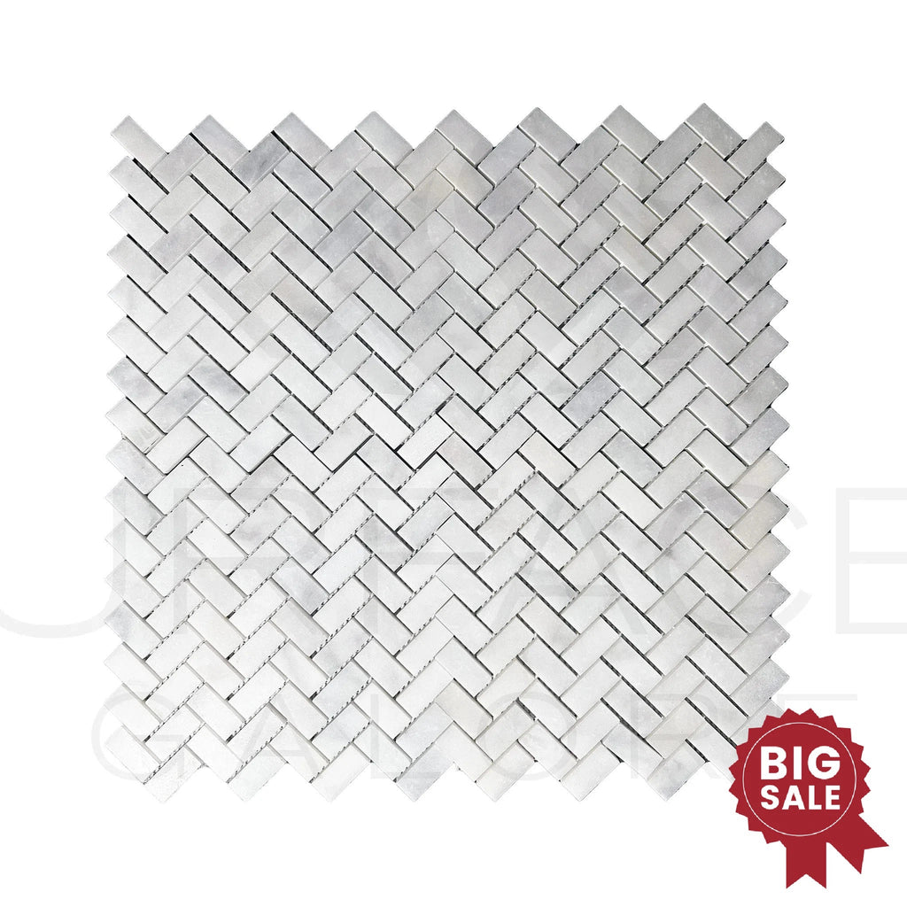 Bianco Venatino (Bianco Mare) White Marble Herringbone Honed Mosaic Tile 110 Sq.Ft. - Discounted, Marble/Travertine Clearance Sale - SurfacesGalore