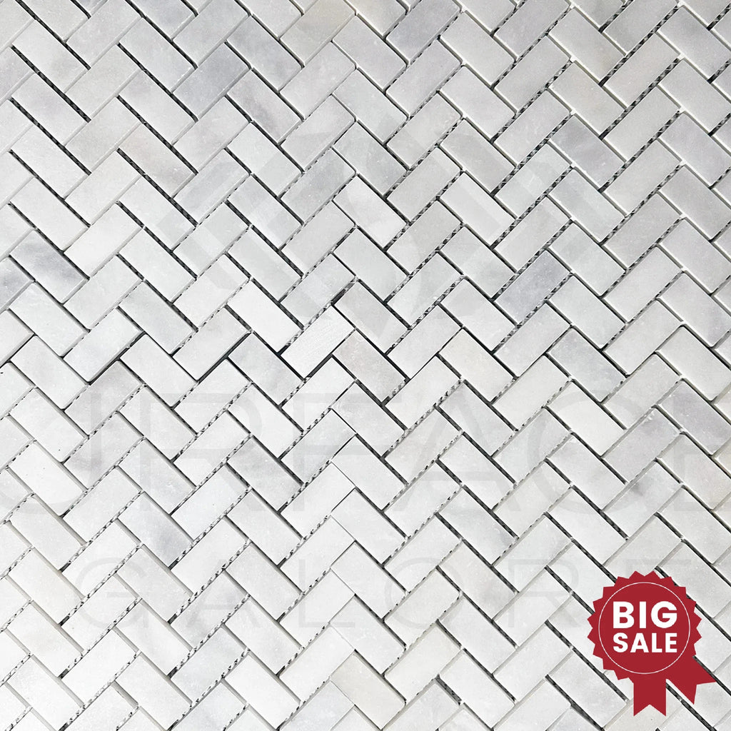 Bianco Venatino (Bianco Mare) White Marble Herringbone Honed Mosaic Tile 110 Sq.Ft. - Discounted, Marble/Travertine Clearance Sale - SurfacesGalore