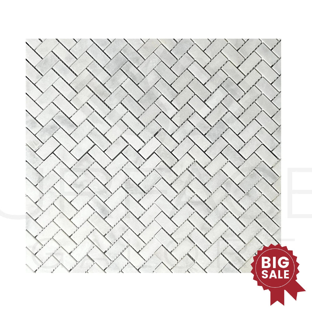 Bianco Venatino (Bianco Mare) White Marble Herringbone Honed Mosaic Tile 110 Sq.Ft. - Discounted, Marble/Travertine Clearance Sale - SurfacesGalore