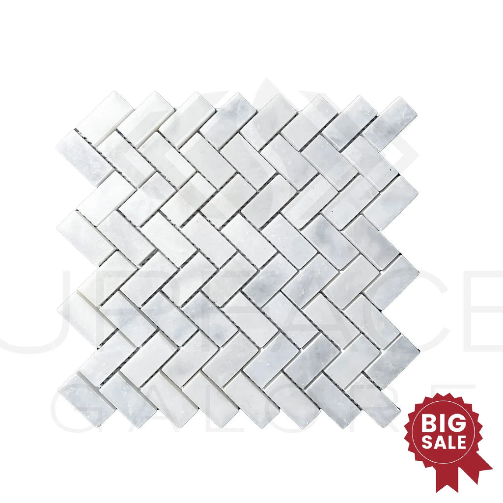 Bianco Venatino (Bianco Mare) White Marble Herringbone Honed Mosaic Tile 110 Sq.Ft. - Discounted, Marble/Travertine Clearance Sale - SurfacesGalore