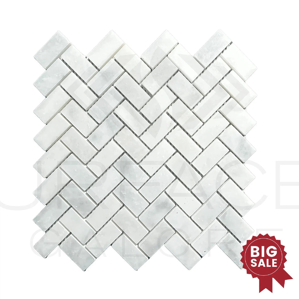 Bianco Venatino (Bianco Mare) White Marble Herringbone Honed Mosaic Tile 110 Sq.Ft. - Discounted, Marble/Travertine Clearance Sale - SurfacesGalore