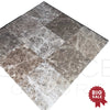 A set of nine elegant gray Emperador marble tiles, adorned with a "Big Sale" badge in the lower right corner, perfect for those seeking SurfacesGalore's clearance Cafe Emperador 12X12 polished tiles.