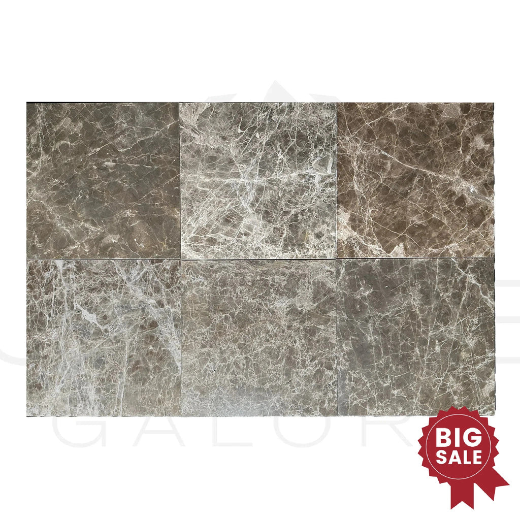 Cafe Emperador / Emperador Marble 12X12 Polished Tiles from SurfacesGalore feature an elegant marble look with varying shades of brown and gray, and are marked with a "Big Sale" badge in the bottom-right corner. Don't miss out on these incredible closeout marble deals, available at a discounted price for 100 Sq.Ft. packages!