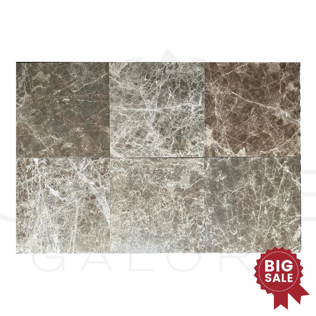 Cafe Emperador marble 12x12 polished tiles featuring elegant brown and white veining, highlighted with a red "BIG SALE" badge in the bottom right corner. Don't miss out on this closeout deal from SurfacesGalore!