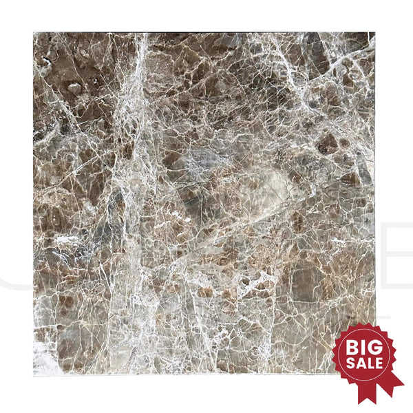 A square brown marble tile with white veining, prominently featuring a "Big Sale" badge in the bottom right corner, perfect for those seeking a clearance marble, is the Cafe Emperador / Emperador Marble 12X12 Polished Tile 100 Sq.Ft. - Discounted by SurfacesGalore.