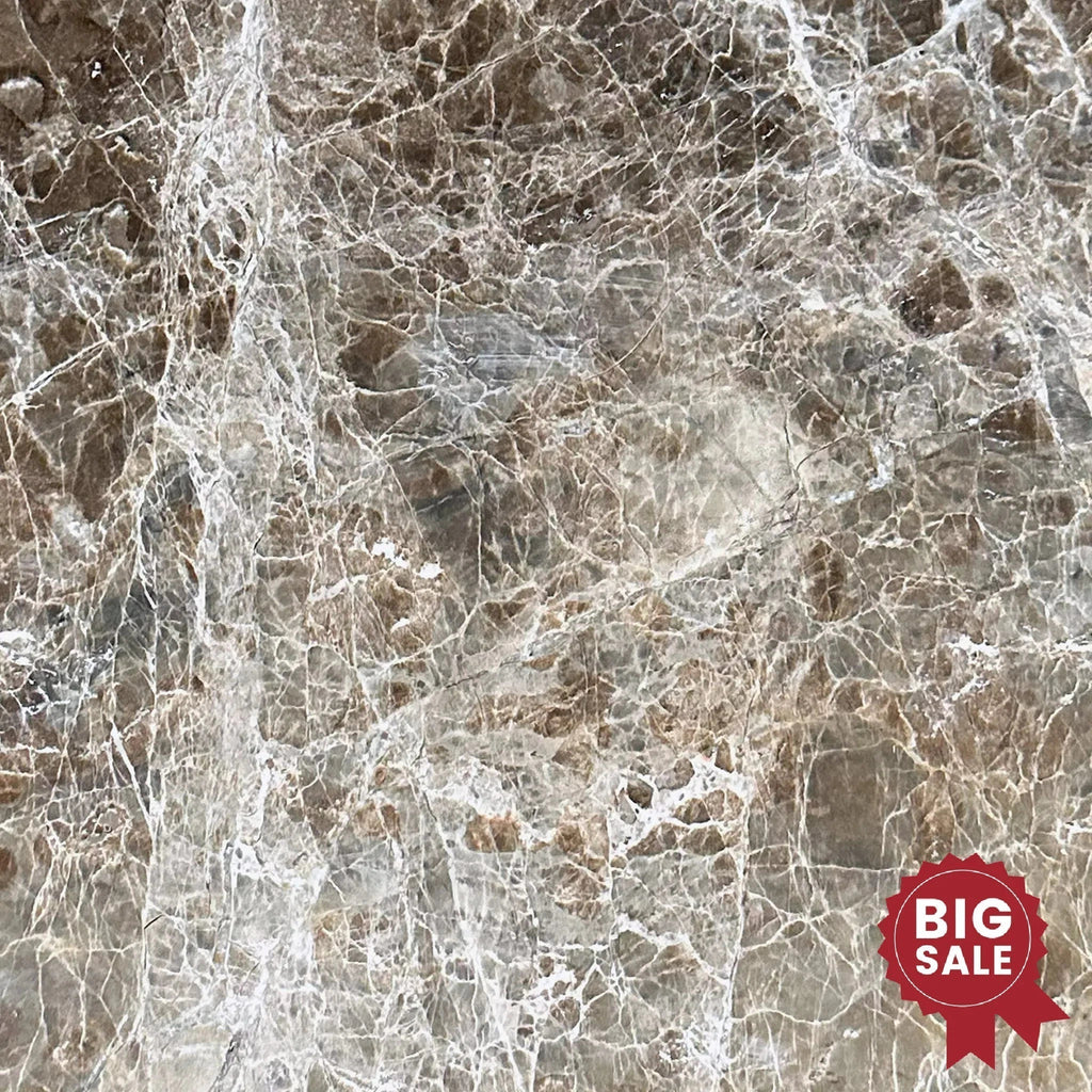 Close-up of the Cafe Emperador marble surface with various shades of brown and beige. A red "BIG SALE" badge in the bottom right corner highlights our clearance of SurfacesGalore's Emperador Marble 12X12 Polished Tile, now available at a discounted price for 100 Sq.Ft.