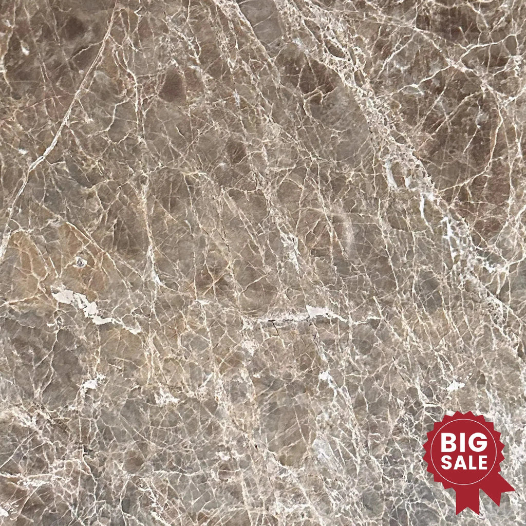 The SurfacesGalore Cafe Emperador / Emperador Marble 12X12 Polished Tile, available in a discounted pack of 100 sq.ft., features intersecting veins in a predominantly brown marble texture with lighter streaks. A red "BIG SALE" badge is prominently displayed in the bottom right corner.