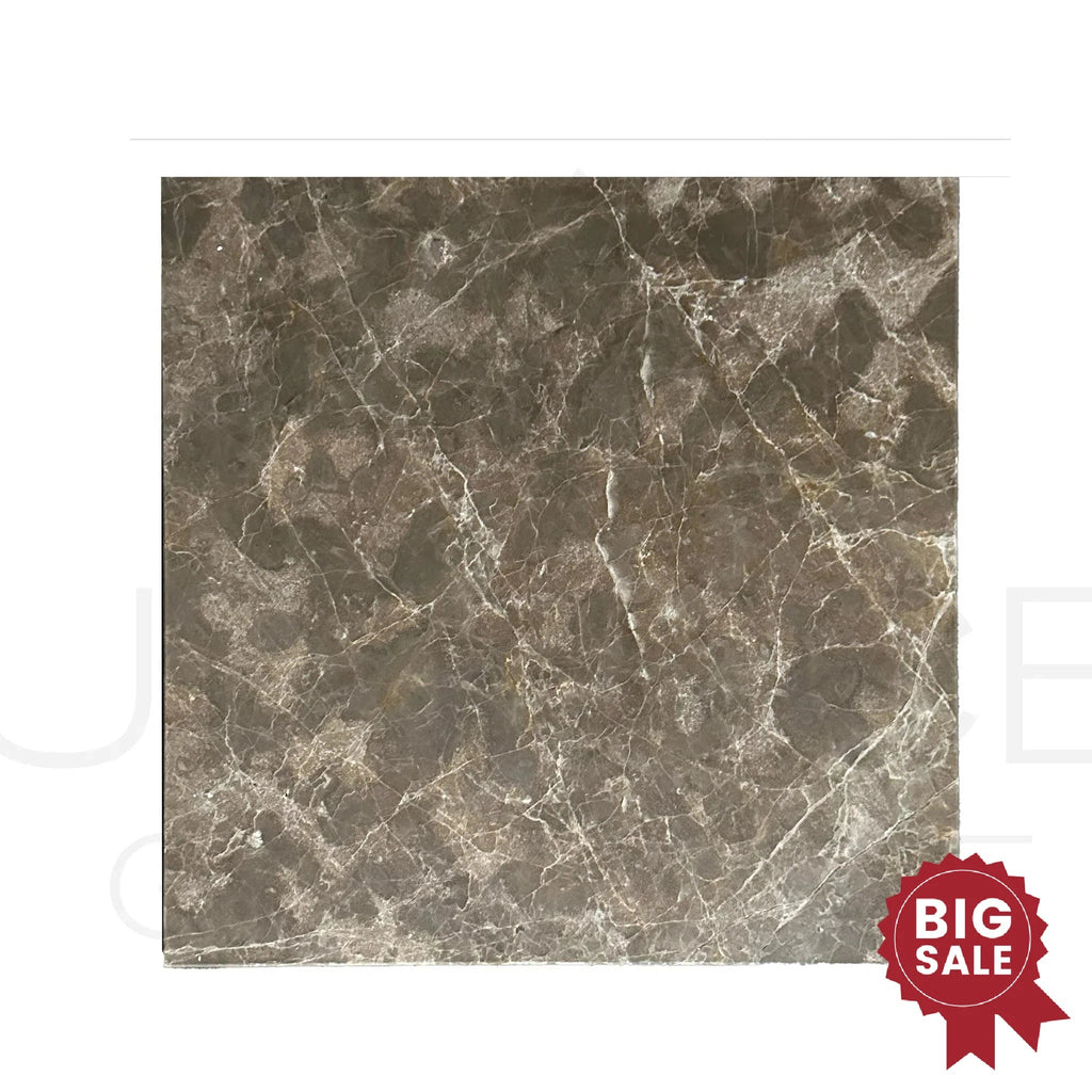 A square, brown Cafe Emperador / Emperador Marble 12X12 Polished Tile from SurfacesGalore, featuring a "Big Sale" badge in the bottom right corner, showcasing our marble/travertine clearance selection.