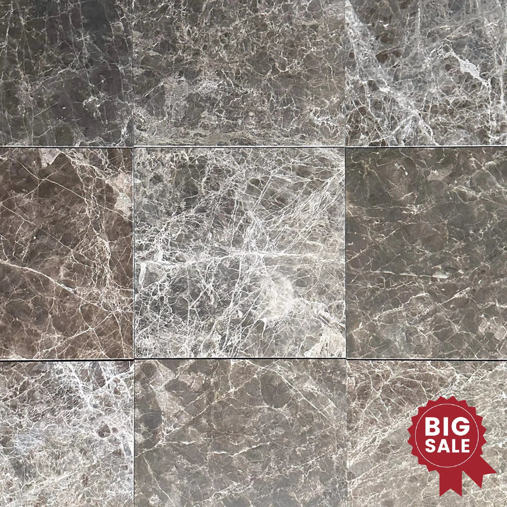 Cafe Emperador / Emperador Marble 12X12 Polished Tiles with white veins in gray and brown tones, accented by a "Big Sale" red badge in the bottom right corner, showcasing SurfacesGalore's Marble/Travertine Clearance Sale for 100 Sq.Ft. of discounted tiles.