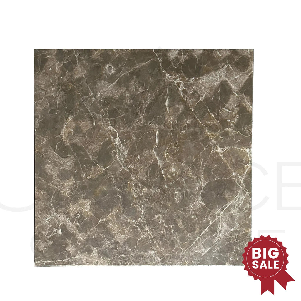 Introducing SurfacesGalore's Cafe Emperador Marble 12X12 Polished Tile, available in a striking square shape with brown hues and white veining. This 100 Sq.Ft. tile is marked with a "Big Sale" badge in the bottom right corner, ideal for anyone seeking discounted marble deals during our Marble/Travertine Clearance Sale.