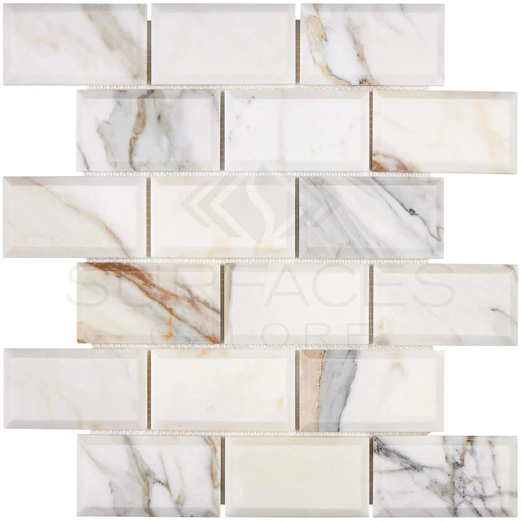 Calacatta Gold 2X4 Deep-Beveled Brick Mosaic Marble Tile Polished-Honed