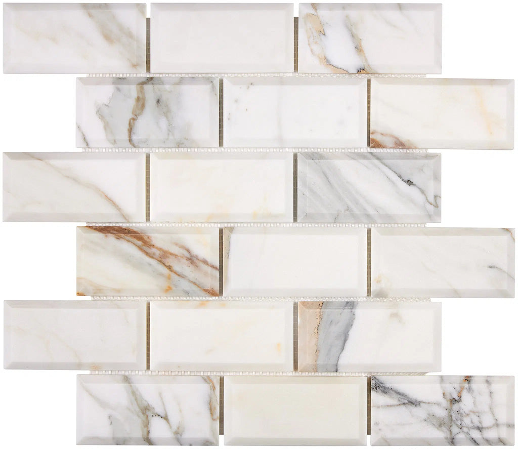 Calacatta Gold 2X4 Deep-Beveled Brick Mosaic Marble Tile Polished-Honed