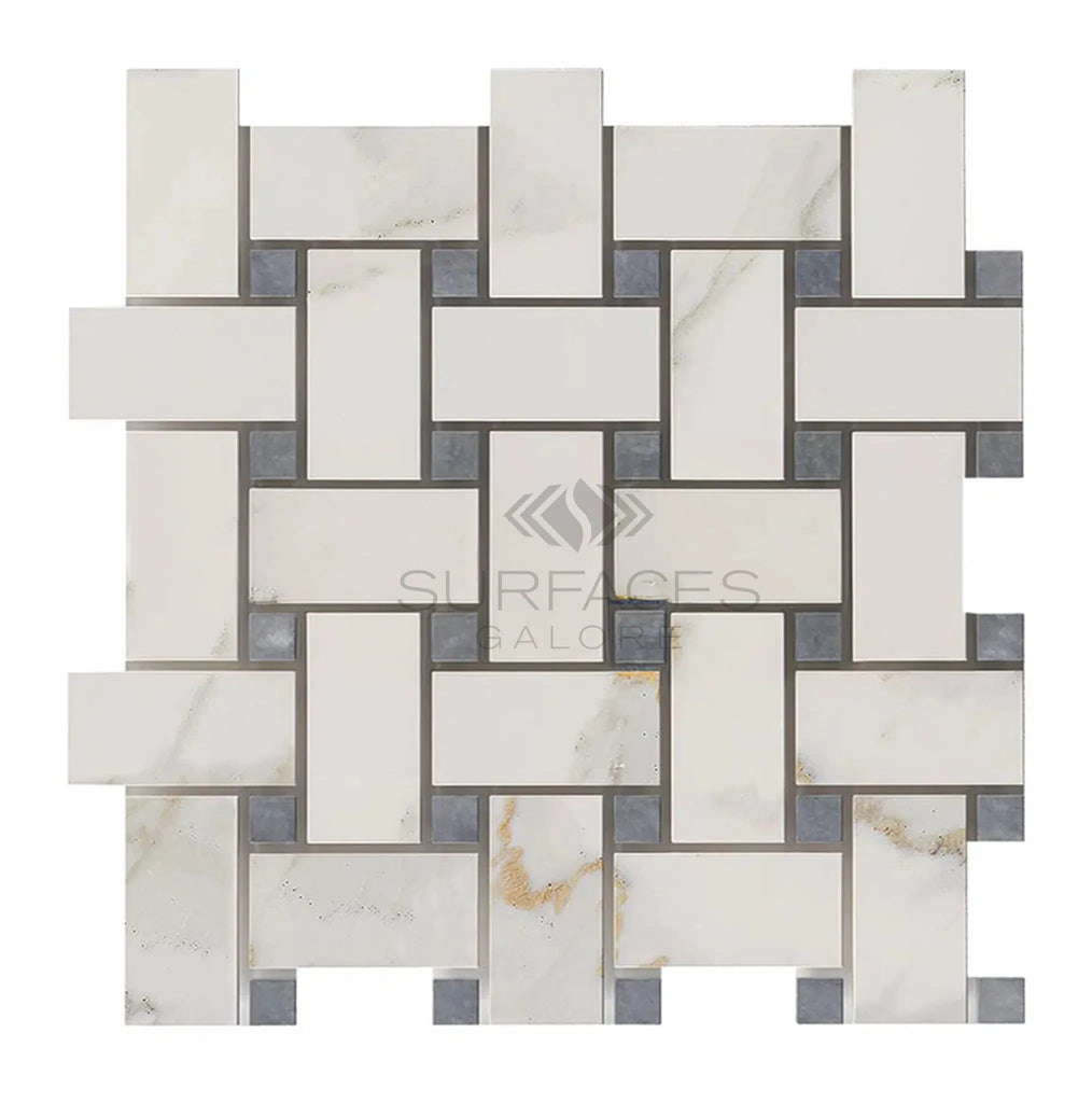 Calacatta Gold Basketweave Mosaic (w/Blue-Gray-(LARGE)) Mosaic Marble Tile Polished-Honed