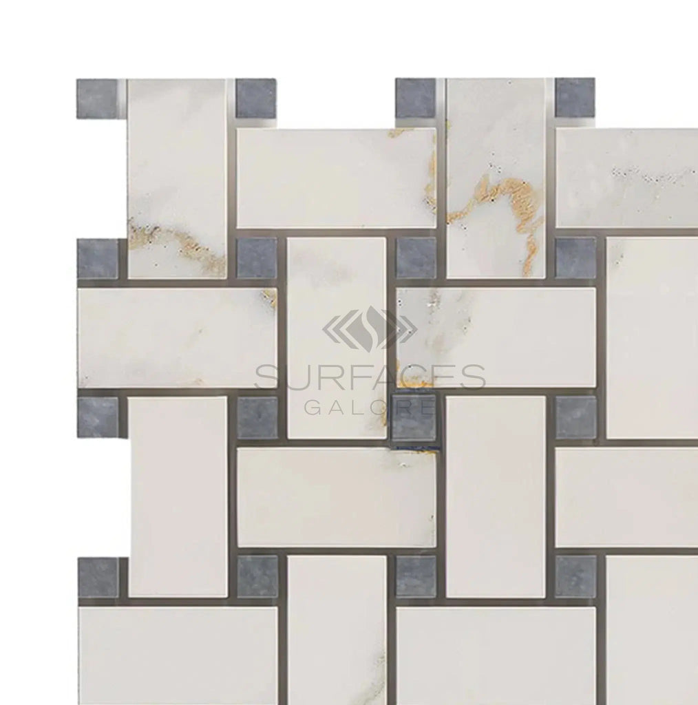 Calacatta Gold Basketweave Mosaic (w/Blue-Gray-(LARGE)) Mosaic Marble Tile Polished-Honed