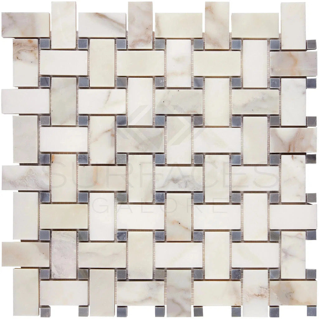 Calacatta Gold Basketweave Mosaic (w/Blue-Gray) Mosaic Marble Tile Polished-Honed