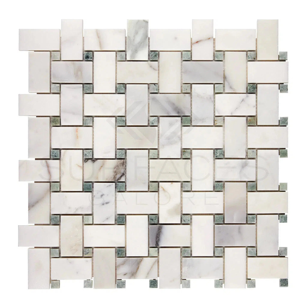 Calacatta Gold Basketweave Mosaic (w/Ming-Green) Mosaic Marble Tile Polished-Honed