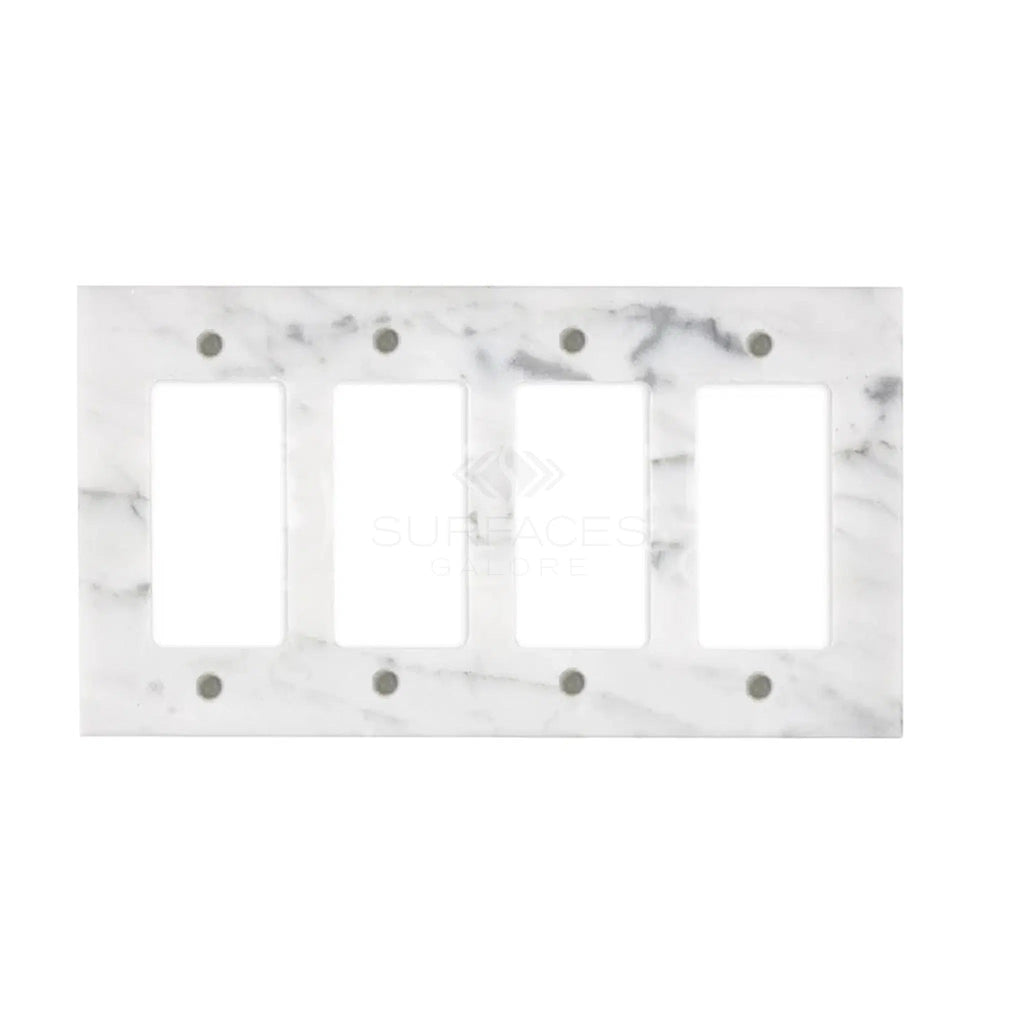 Calacatta Gold Marble 4 Gang ROCKER Switch Wall Plate/Cover Plate/Switch Plate by SurfacesGalore, featuring rectangular openings and six screw holes against a white background, is perfect for adding an elegant touch to your décor.