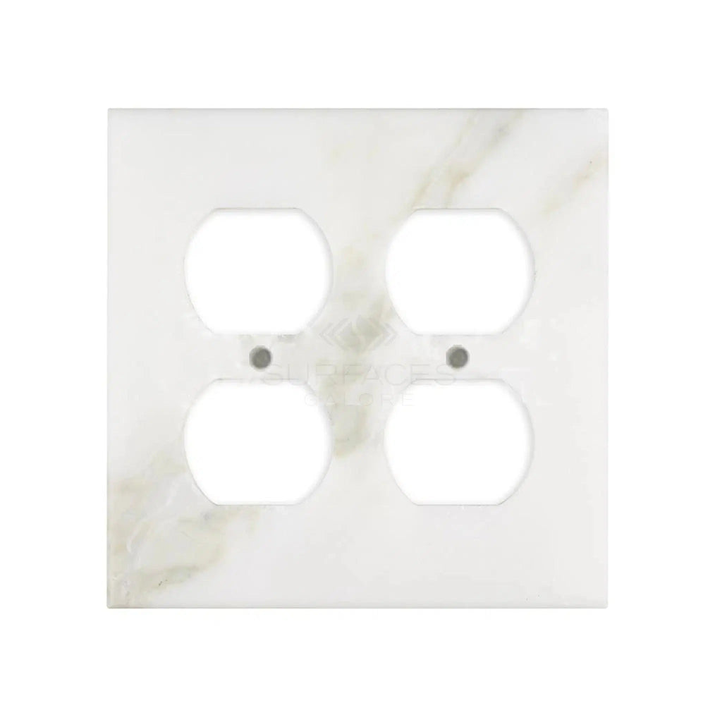 Calacatta Gold Marble Double DUPLEX Switch Wall Plate/Cover Plate/Switch Plate by SurfacesGalore, crafted from authentic natural stone with four socket openings, set against a plain background.