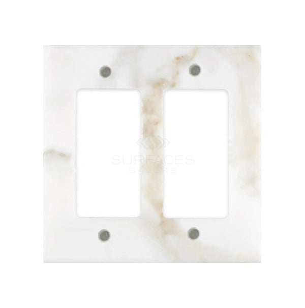 The Calacatta Gold Marble Double ROCKER Switch Wall Plate by SurfacesGalore is a luxury switch plate cover crafted from authentic marble, featuring light gray and white veining. Natural stone variations add a unique touch to this double light switch wall plate.