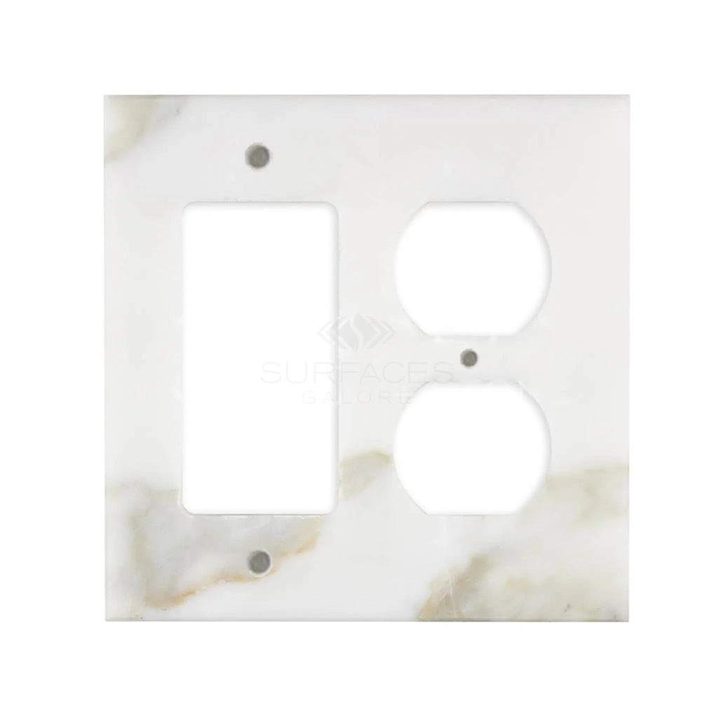 Introducing the SurfacesGalore Calacatta Gold Marble ROCKER - DUPLEX Switch Wall Plate/Cover Plate/Switch Plate, crafted from natural stone with two circular and one rectangular cutout.