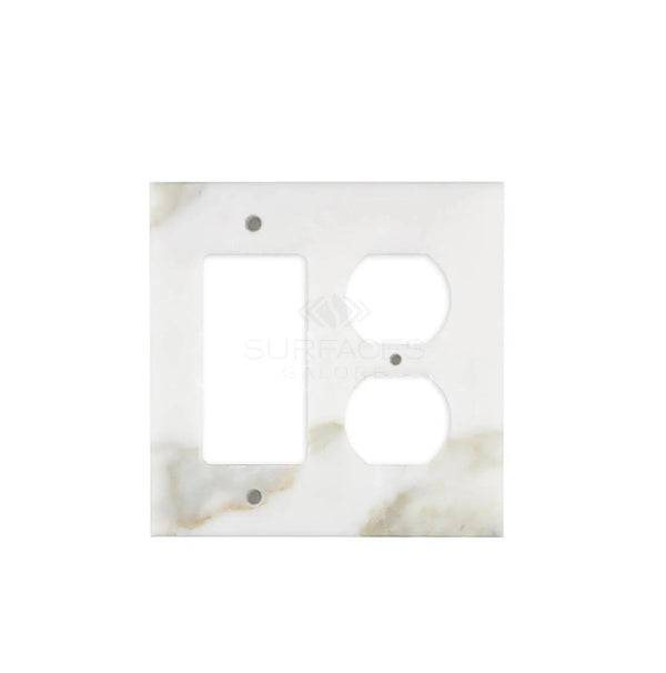 The Calacatta Gold Marble ROCKER - DUPLEX Switch Wall Plate/Cover Plate/Switch Plate by SurfacesGalore boasts authentic marble with subtle gray veining, showcasing the elegance of natural stone wall plate covers.