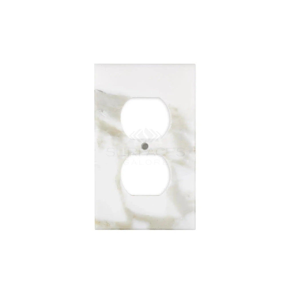 The Calacatta Gold Marble Single DUPLEX Plate Switch Wall Plate/Cover Plate/Switch Plate by SurfacesGalore features a marble-patterned design with two rectangular openings for electrical sockets, evoking the elegance of natural stone.