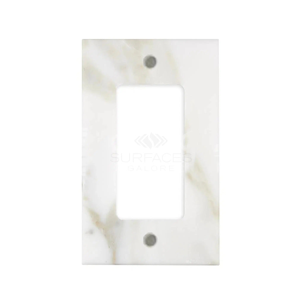 SurfacesGalore's Calacatta Gold Marble Single ROCKER Plate Switch Wall Plate/Cover Plate/Switch Plate features an authentic marble design with a rectangular opening and two mounting screw holes.