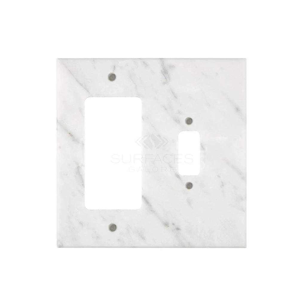 The Calacatta Gold Marble TOGGLE - ROCKER Switch Wall Plate from SurfacesGalore, featuring two switch openings—one rectangular and one small circular—is perfect for adding a touch of luxury to your home decor.