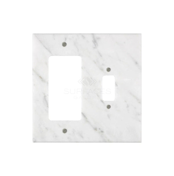 The Calacatta Gold Marble TOGGLE - ROCKER Switch Wall Plate from SurfacesGalore, featuring two switch openings—one rectangular and one small circular—is perfect for adding a touch of luxury to your home decor.