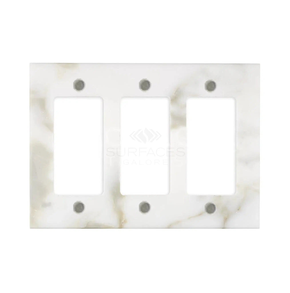 Calacatta Gold Marble Triple Rocker Plate Switch Wall Plate by SurfacesGalore features a sophisticated white and gray pattern on a plain background.