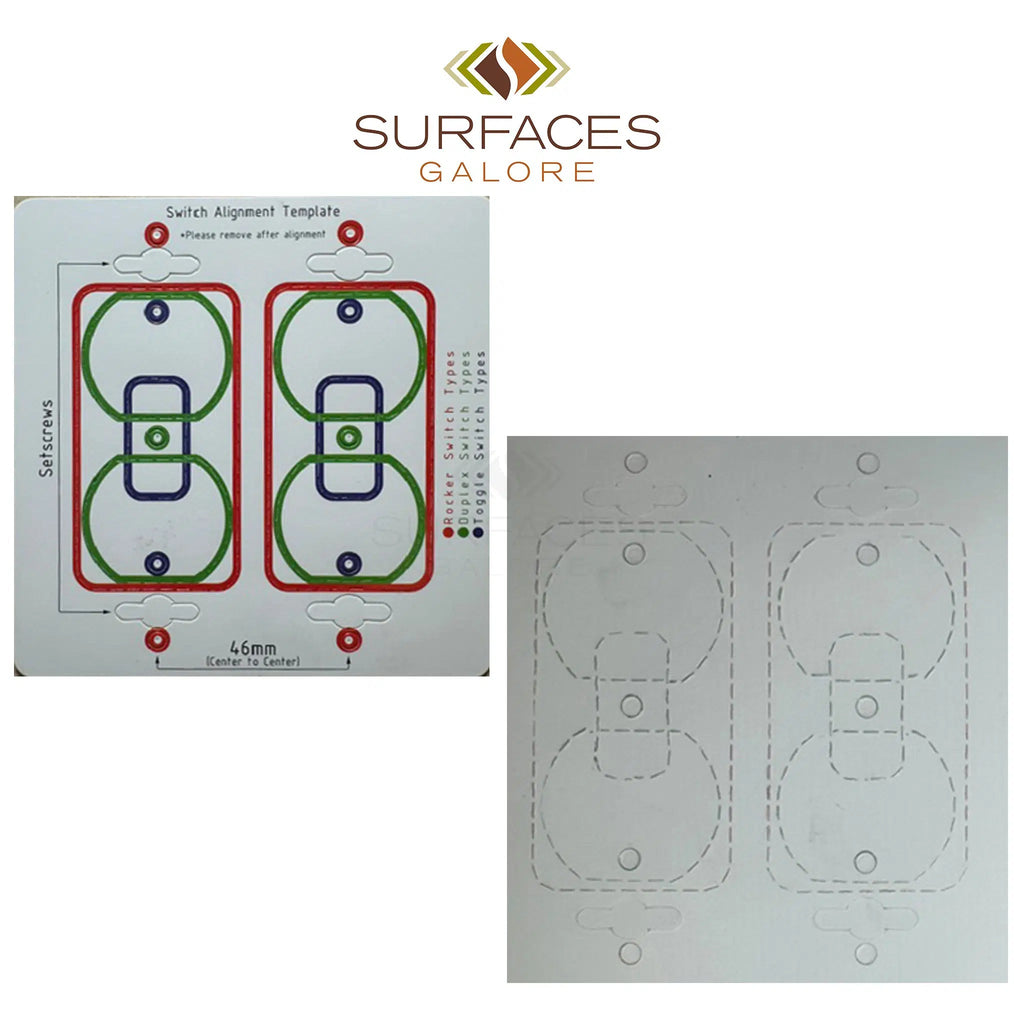 Two diagrams for switch alignment templates, one colored and one outlined, with the SurfacesGalore logo above them and an elegant authentic Calacatta Gold marble design surrounding the Triple ROCKER Plate Switch Wall Plate/Cover Plate/Switch Plate.