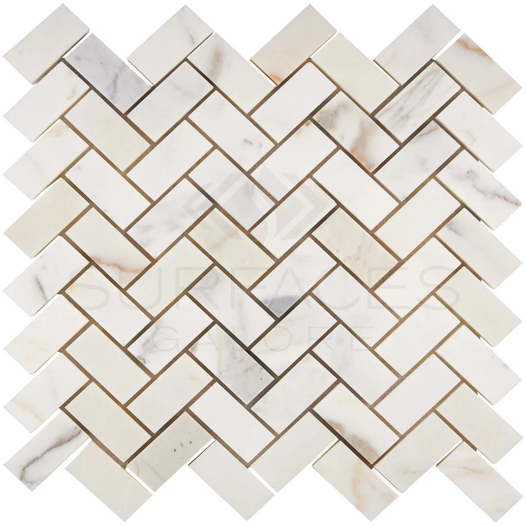 Calacatta Gold Italian Premium 1X2 Herringbone Mosaic Marble Tile Polished - Honed - SurfacesGalorePolished