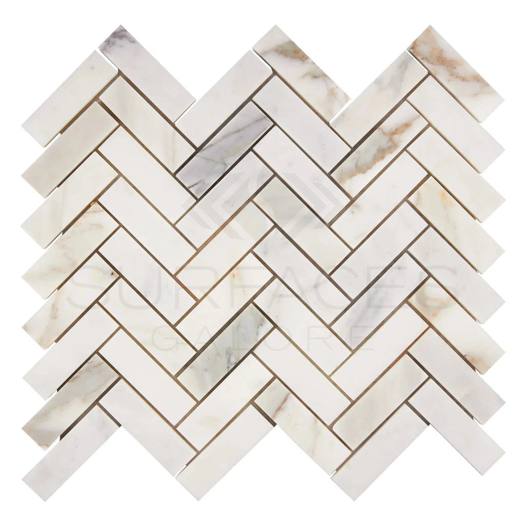 Calacatta Gold Italian Premium 1X3 Herringbone Mosaic Marble Tile Polished - Honed - SurfacesGalorePolished