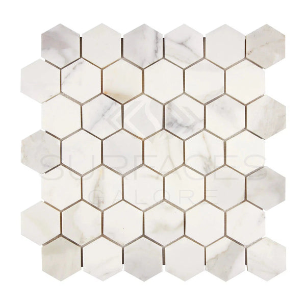 Calacatta Gold Italian Premium 2X2 Hexagon Mosaic Marble Tile Polished - Honed - SurfacesGalorePolished