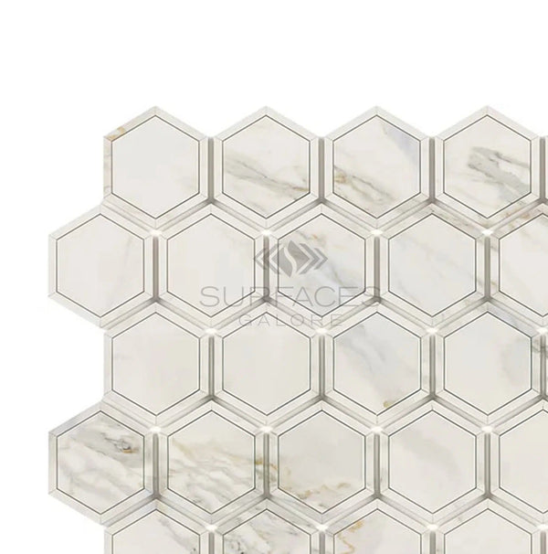 Calacatta Gold Italian Premium 2X2 Vortex Hexagon (w/Calacatta Gold) Mosaic Marble Tile Polished - Honed - SurfacesGalorePolished