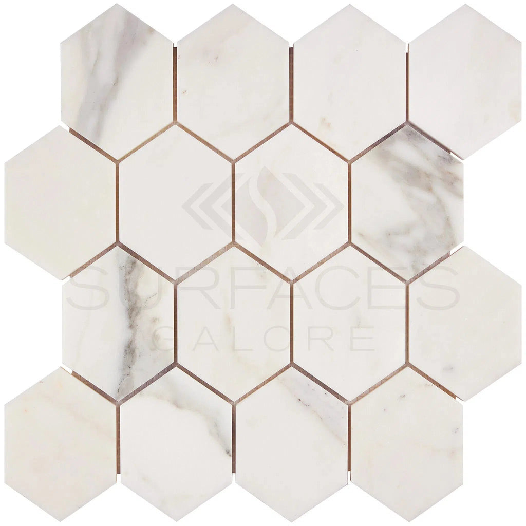 Calacatta Gold Italian Premium 3X3 Hexagon Mosaic Marble Tile Polished - Honed - SurfacesGalorePolished