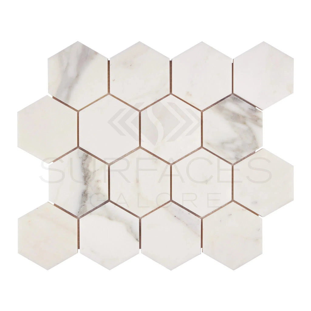 Calacatta Gold Italian Premium 3X3 Hexagon Mosaic Marble Tile Polished - Honed - SurfacesGalorePolished