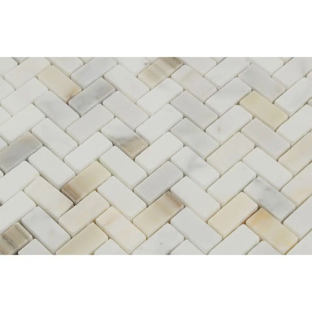 Calacatta Gold Italian Premium 5/8X1 1/4 Mini - Herringbone Mosaic Marble Tile Polished - Honed - SurfacesGalorePolished