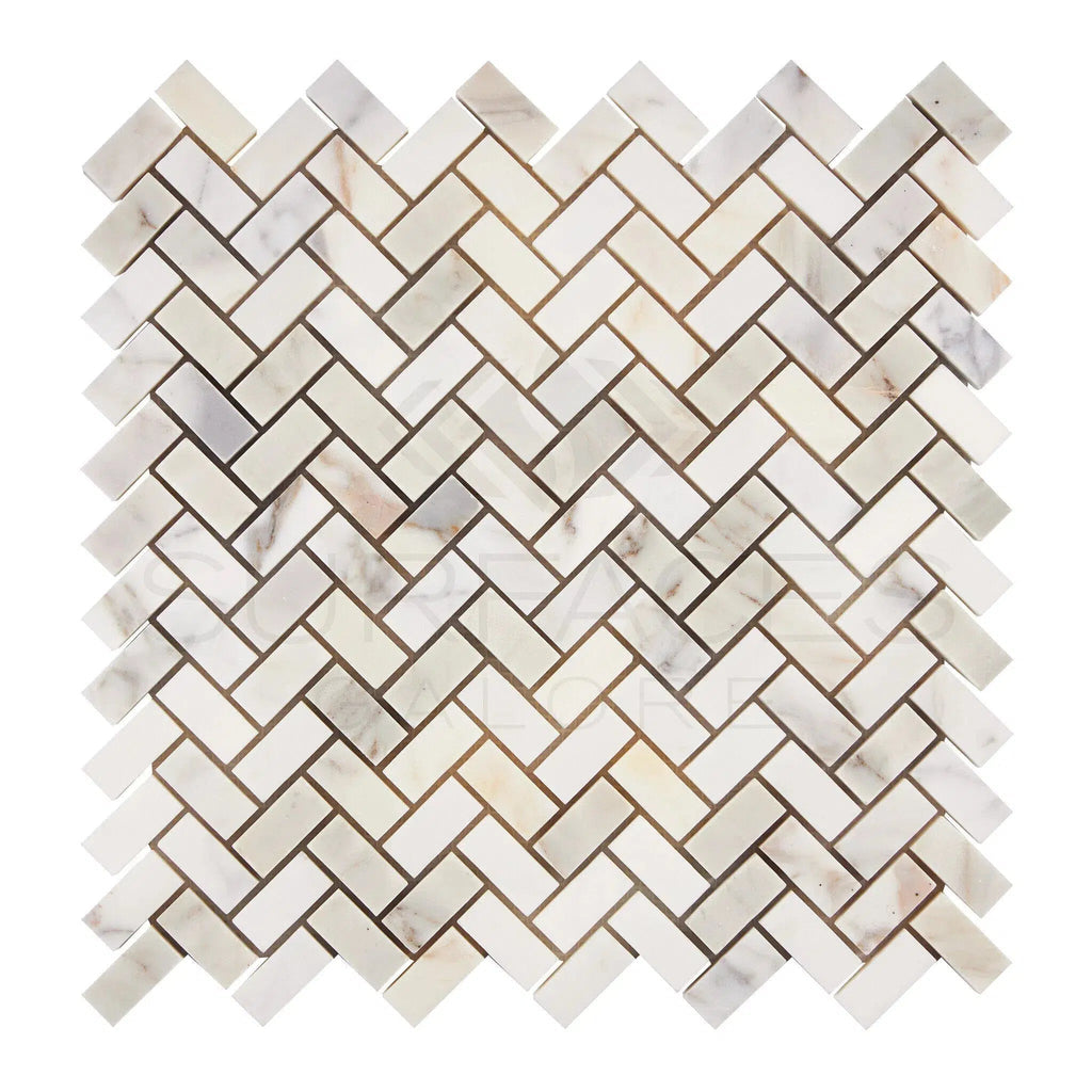 Calacatta Gold Italian Premium 5/8X1 1/4 Mini - Herringbone Mosaic Marble Tile Polished - Honed - SurfacesGalorePolished