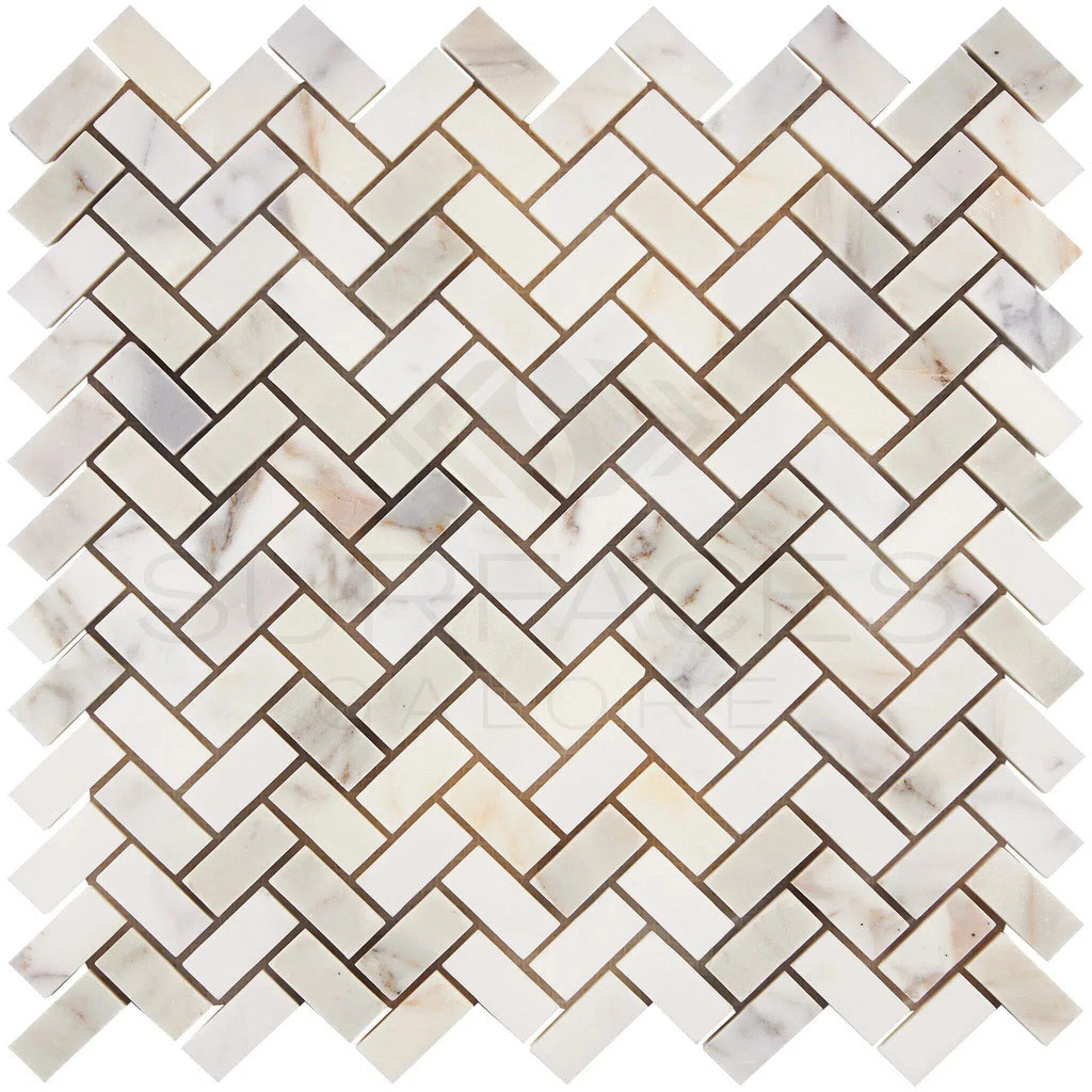 Calacatta Gold Italian Premium 5/8X1 1/4 Mini - Herringbone Mosaic Marble Tile Polished - Honed - SurfacesGalorePolished