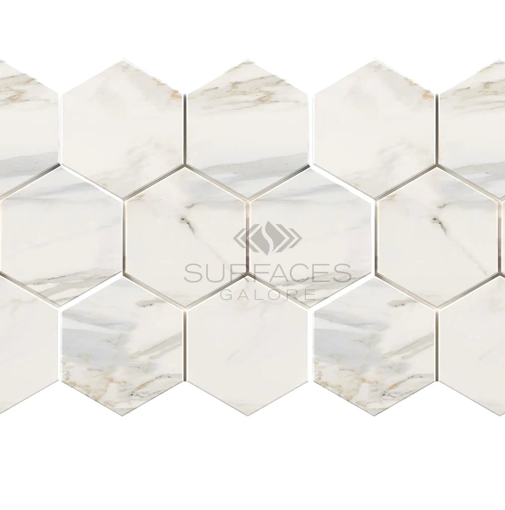 Calacatta Gold Italian Premium 5X5 Hexagon Mosaic Marble Tile Polished - Honed - SurfacesGalorePolished